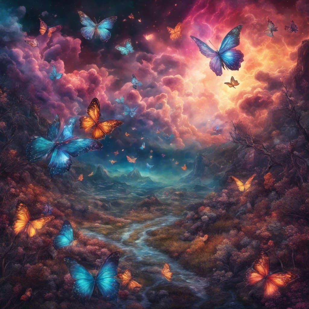 Fantasy Landscape with Butterflies in Astral Holographic Sty...