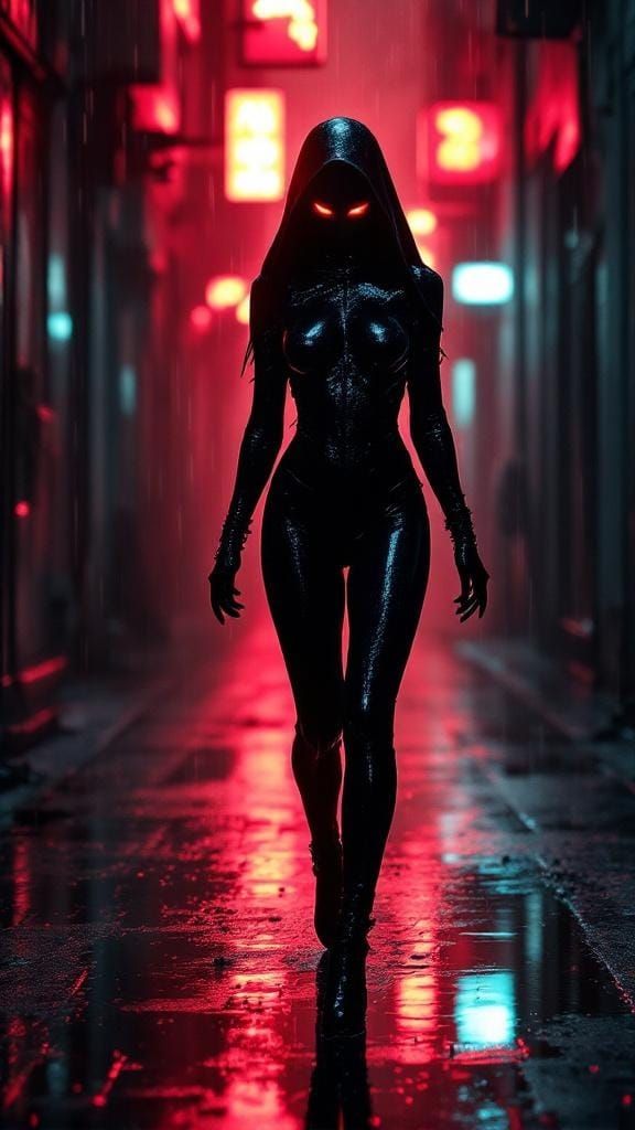 Gothic Seraph Emerges From Neon Alley
