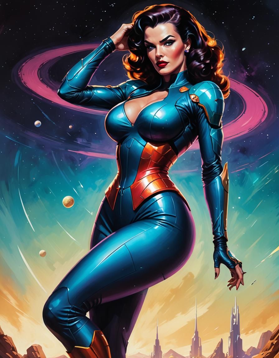 Sci-Fi Pinup Girl on Alien Planet in Solarpunk Style