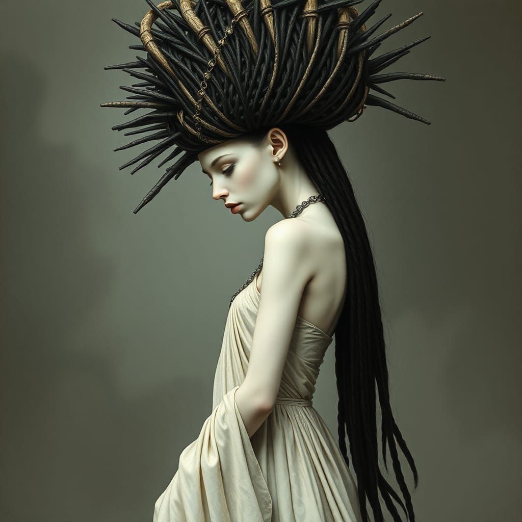 Frail Priestess with Ebony Headdress, Dark Fantasy Art