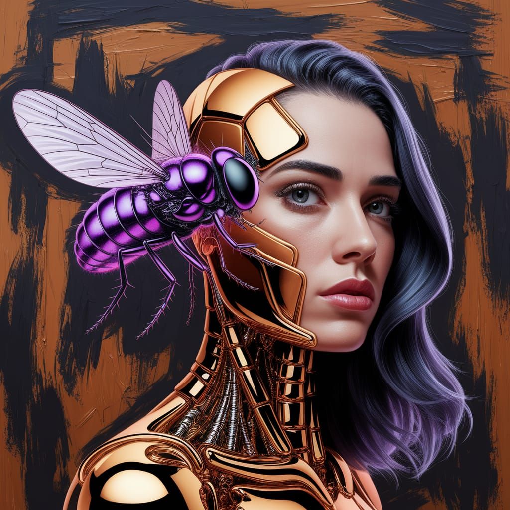 Cyborg Woman with Purple Fly, in Surrealist Style