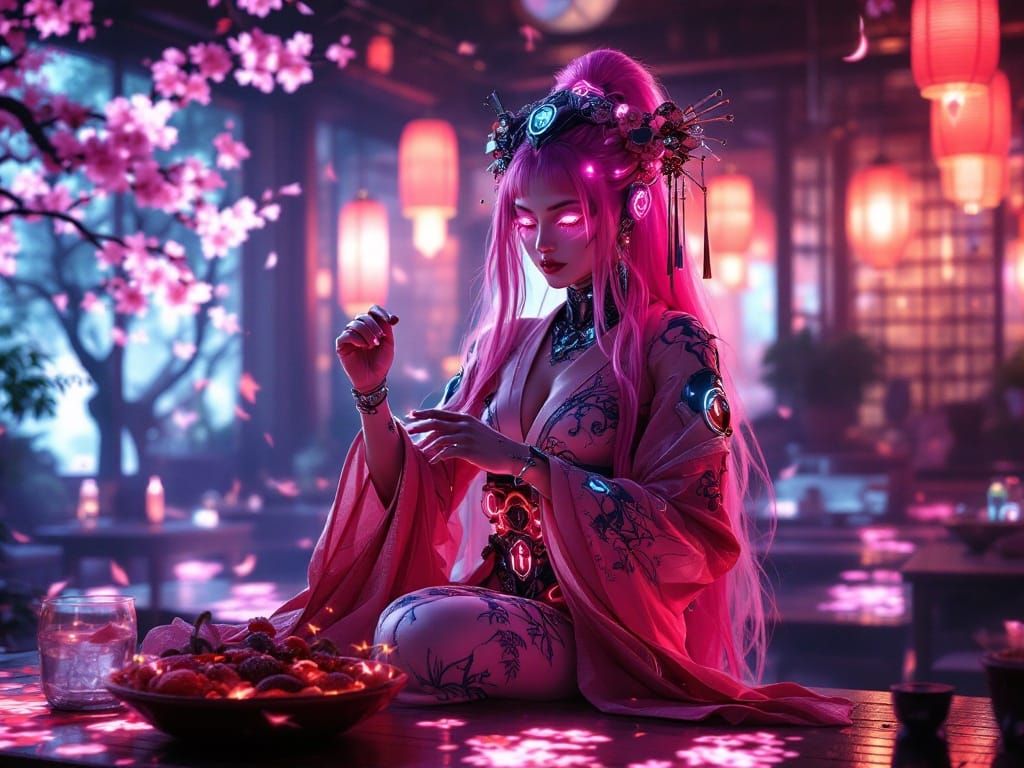 Cyberpunk Geisha Playing Shamisen in Neon Tea House