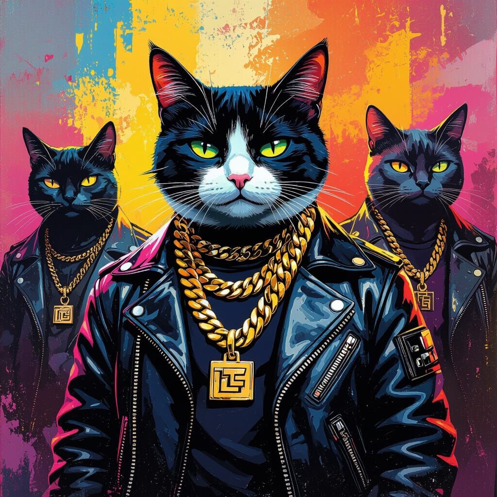 Thug Cat in Graffiti Art Style with Comrades