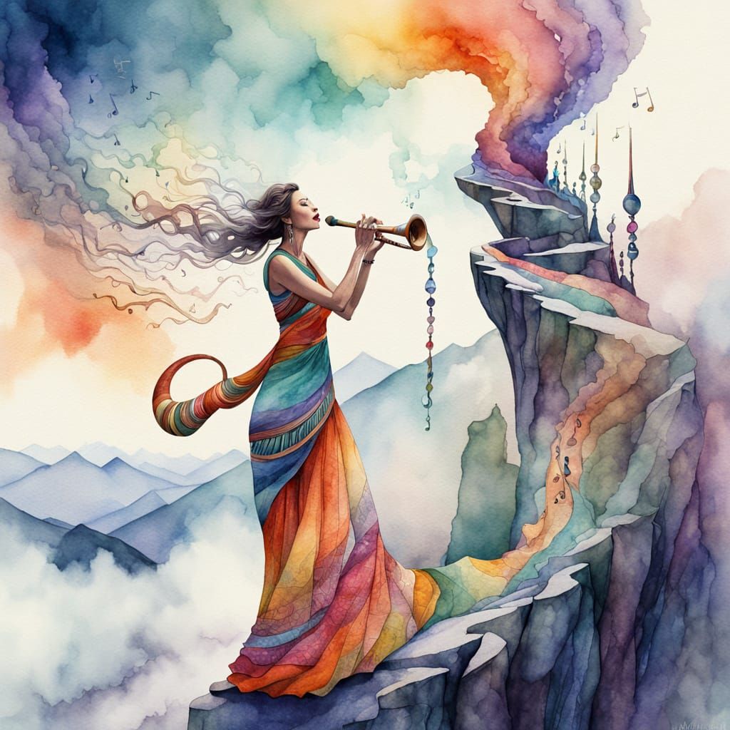Woman Plays Didgeridoo in Dreamlike Watercolor