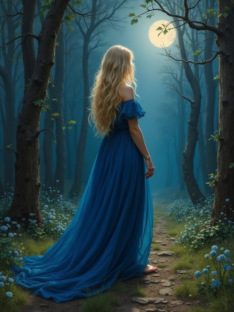 Woman in Moonlit Forest Clearing in Romantic Realism Style