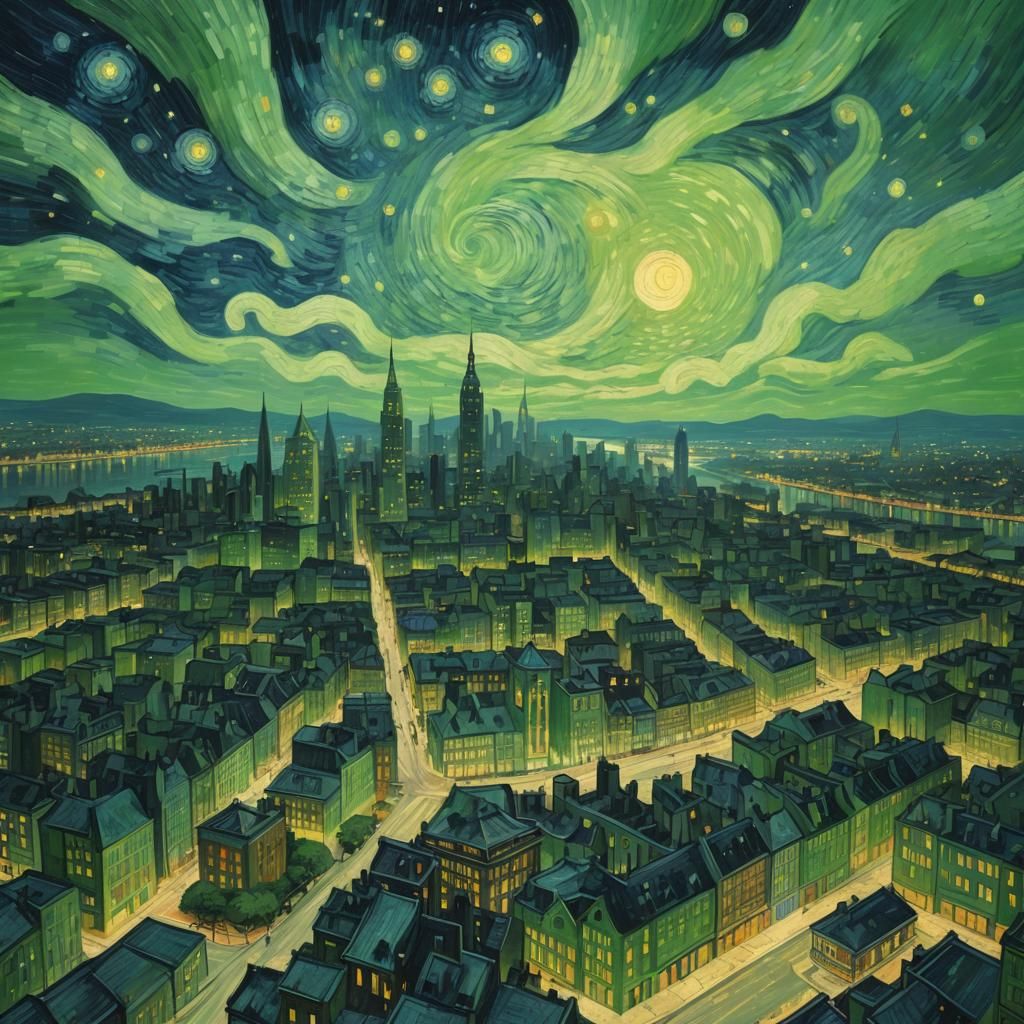 Green Starry Night Over City, Van Gogh Style