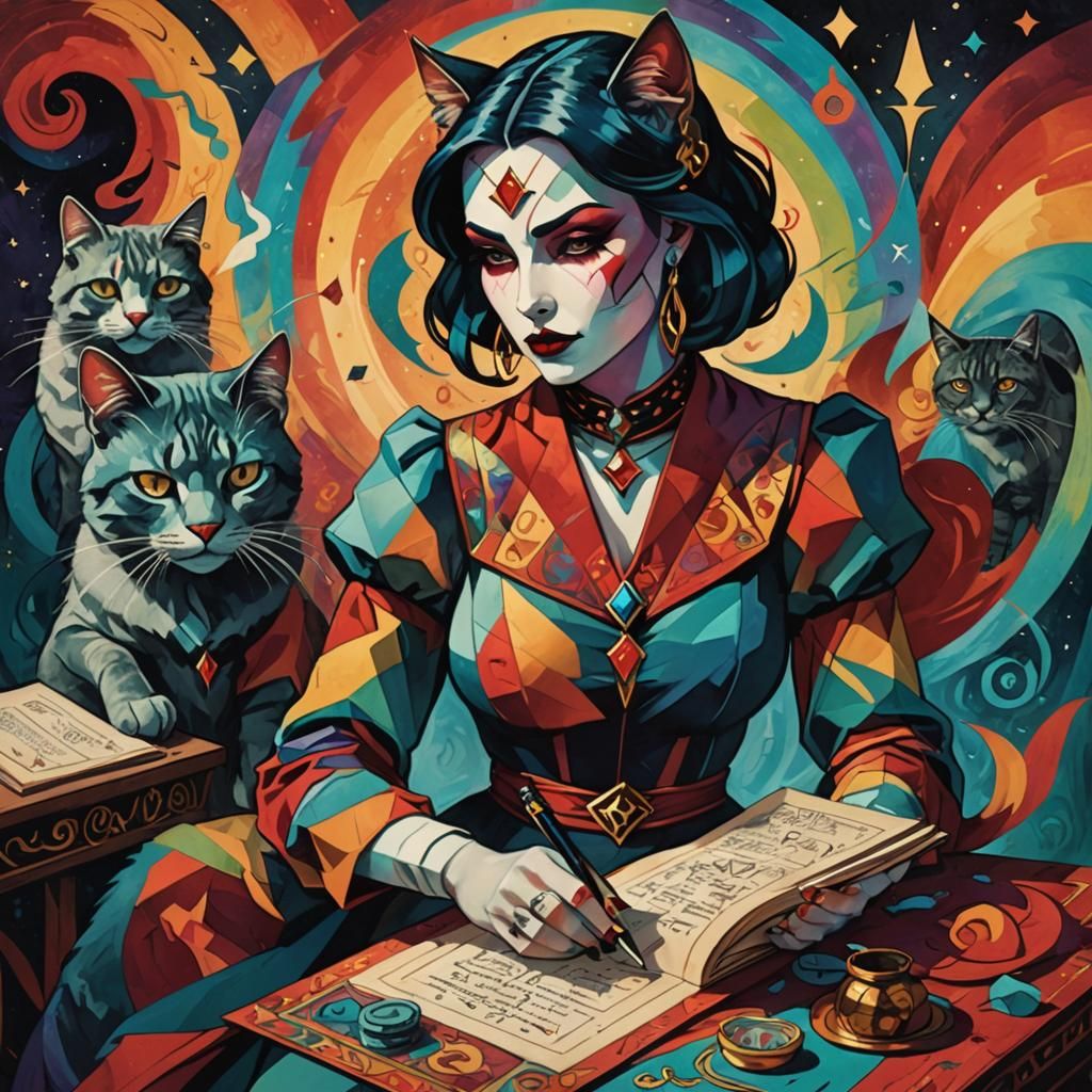 Cubist Cat Girl Creates Tarot Card