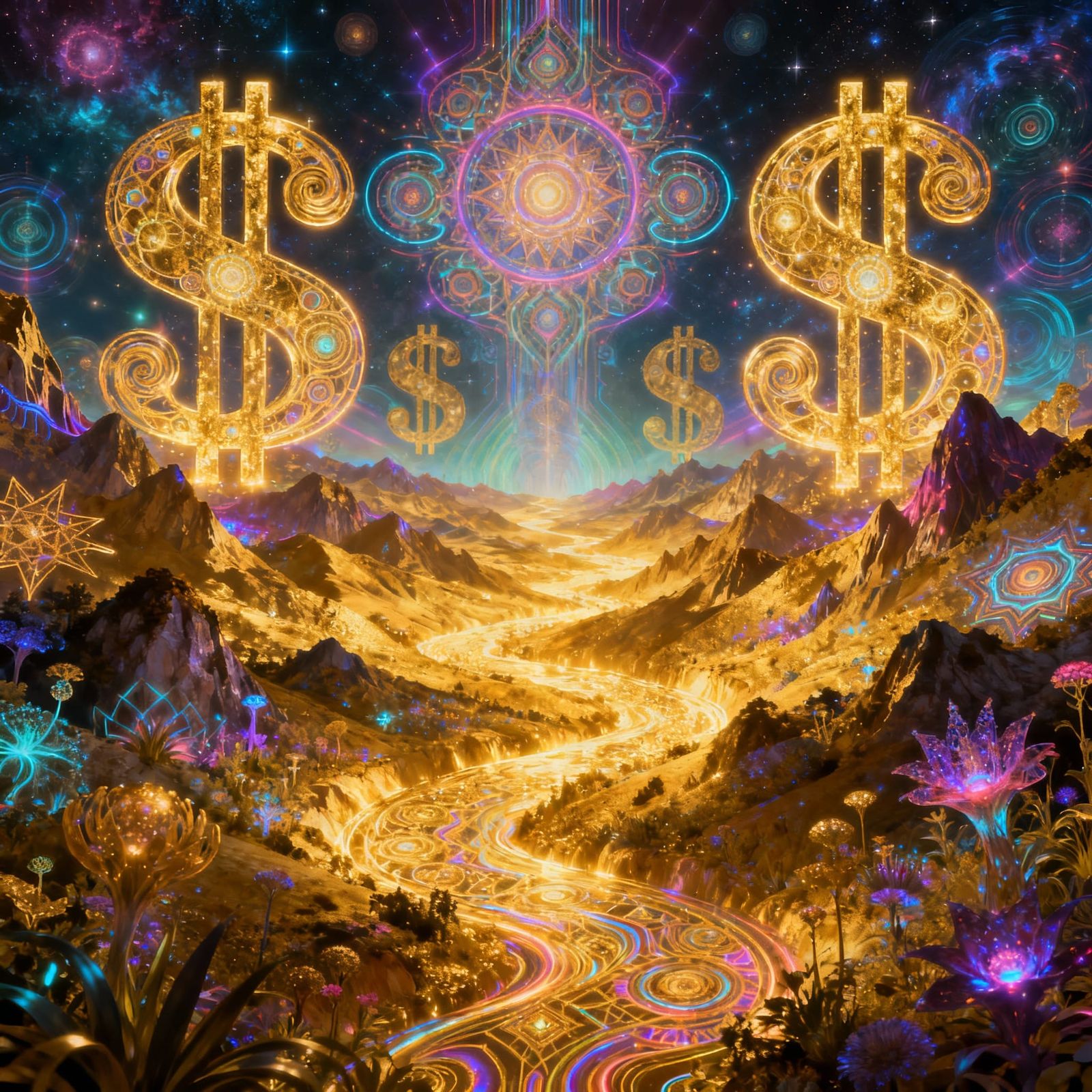 Psychedelic Dollar Signs Morphing into Golden Valley