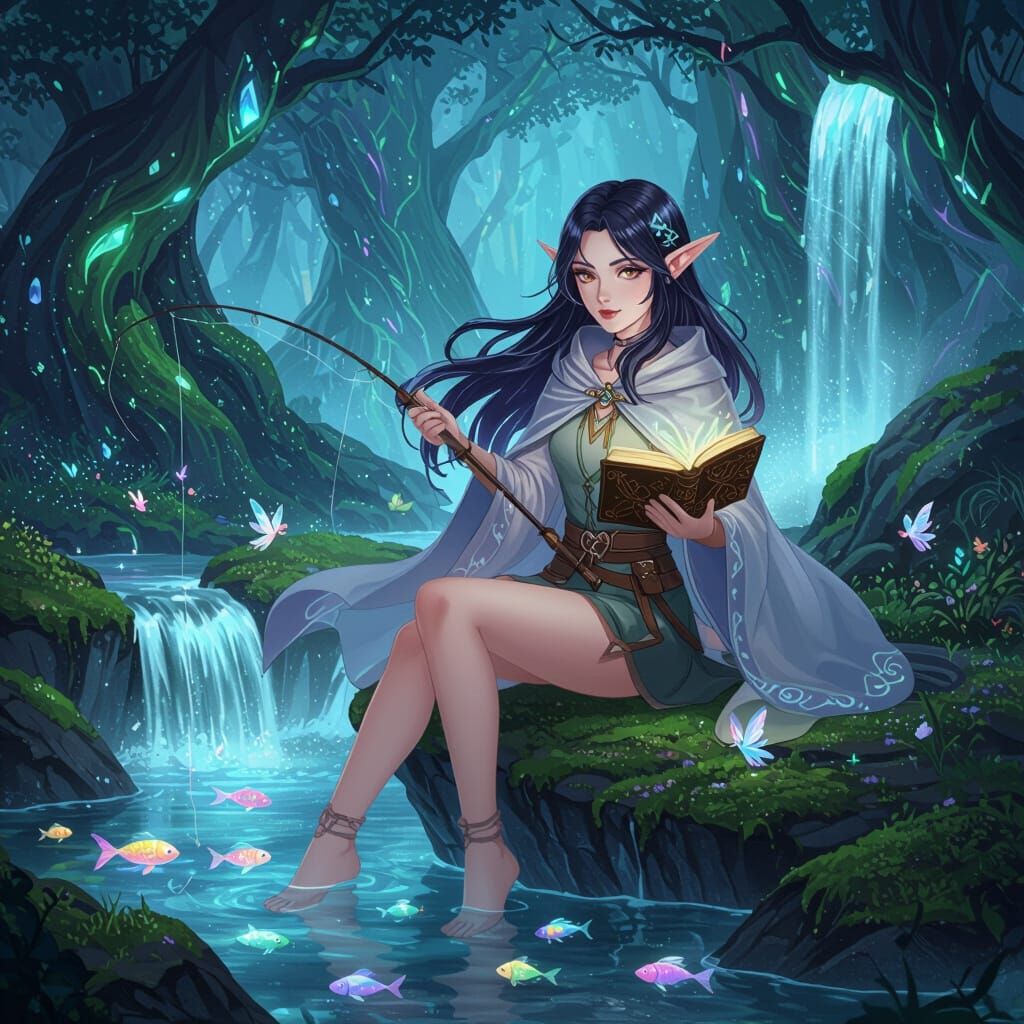 Anime Elf Woman Fishing in Enchanted Forest
