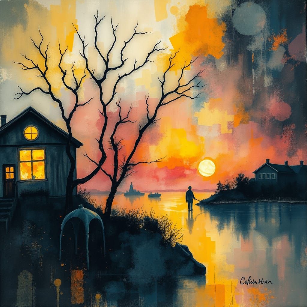 Surreal Refracted Light Scene in Gouache Watercolor Style