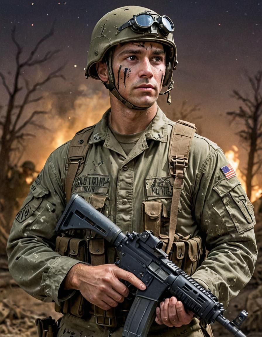 Modern Soldier in WWII Battlefield, Impressionist Gouache