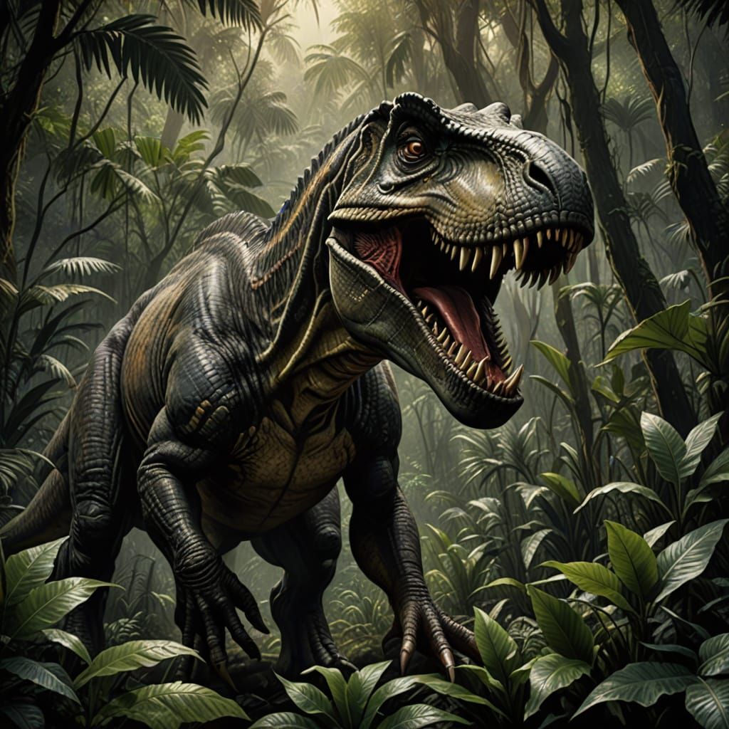 T-Rex Roars in Jungle: Hyperdetailed Charcoal Drawing