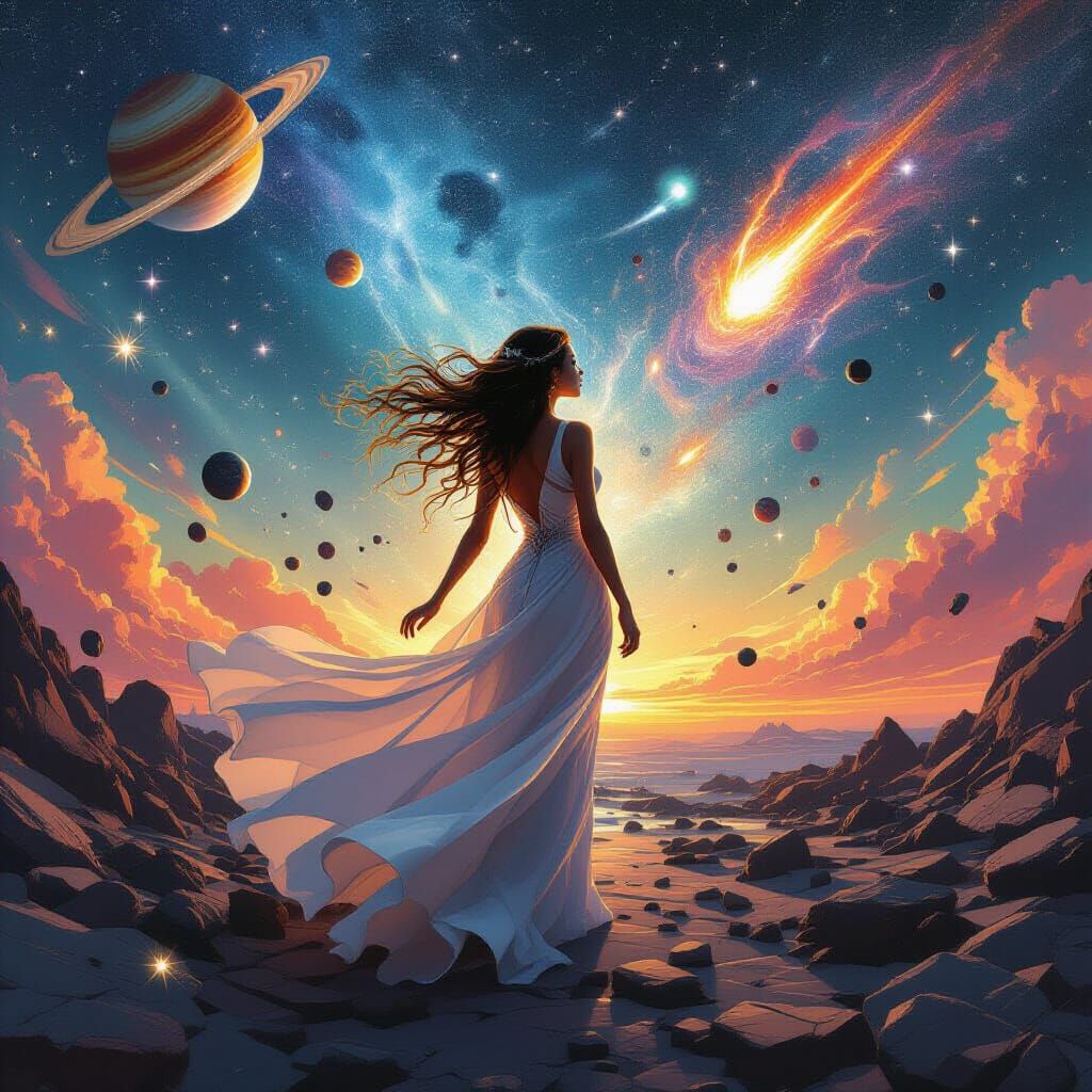Celestial Woman in Swirling Galaxy: A Surreal Artwork