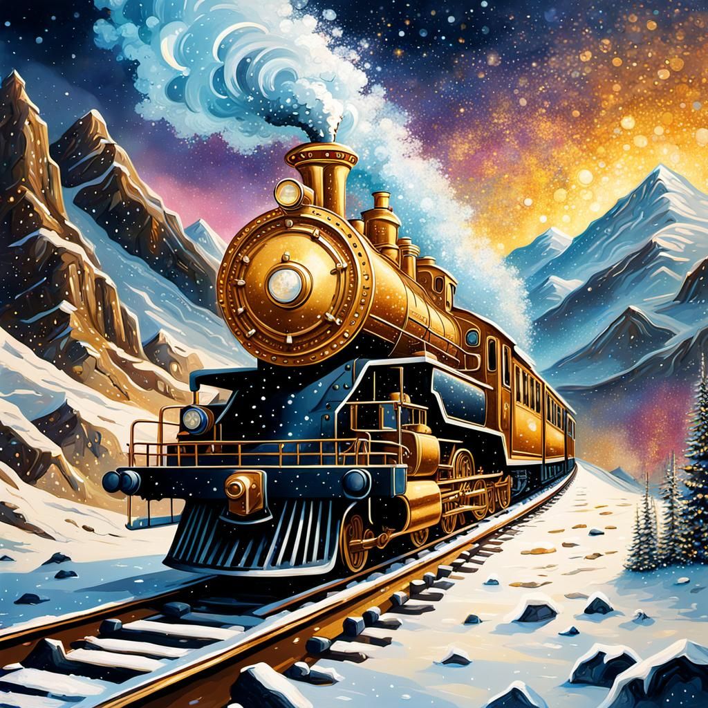 Glittering Steampunk Train in Golden Snowfall