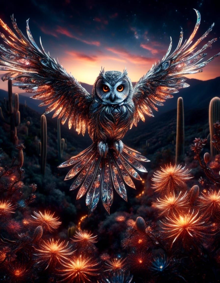Owl in Cactus Forest with Laser Sparks