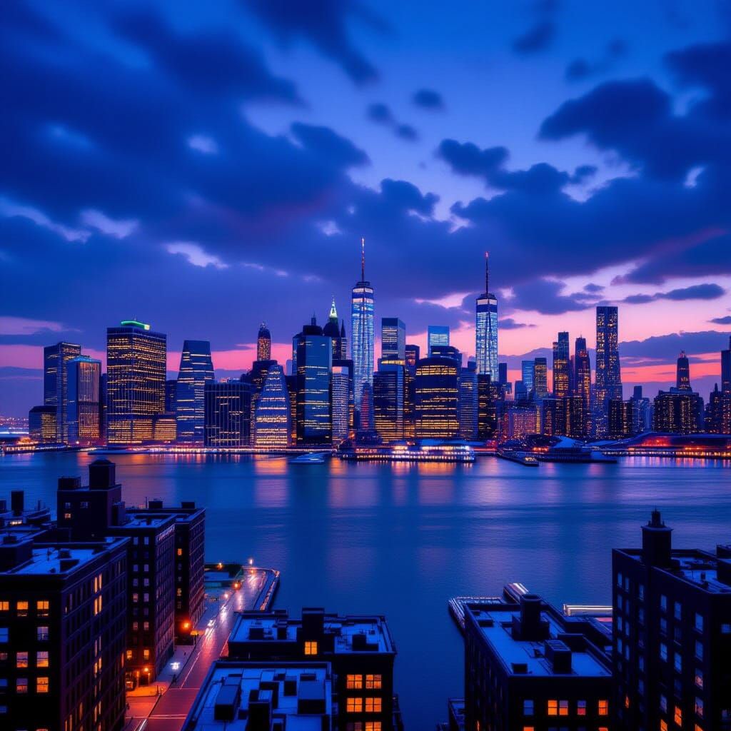 New York Cityscape at Dusk in Hyperrealistic Style