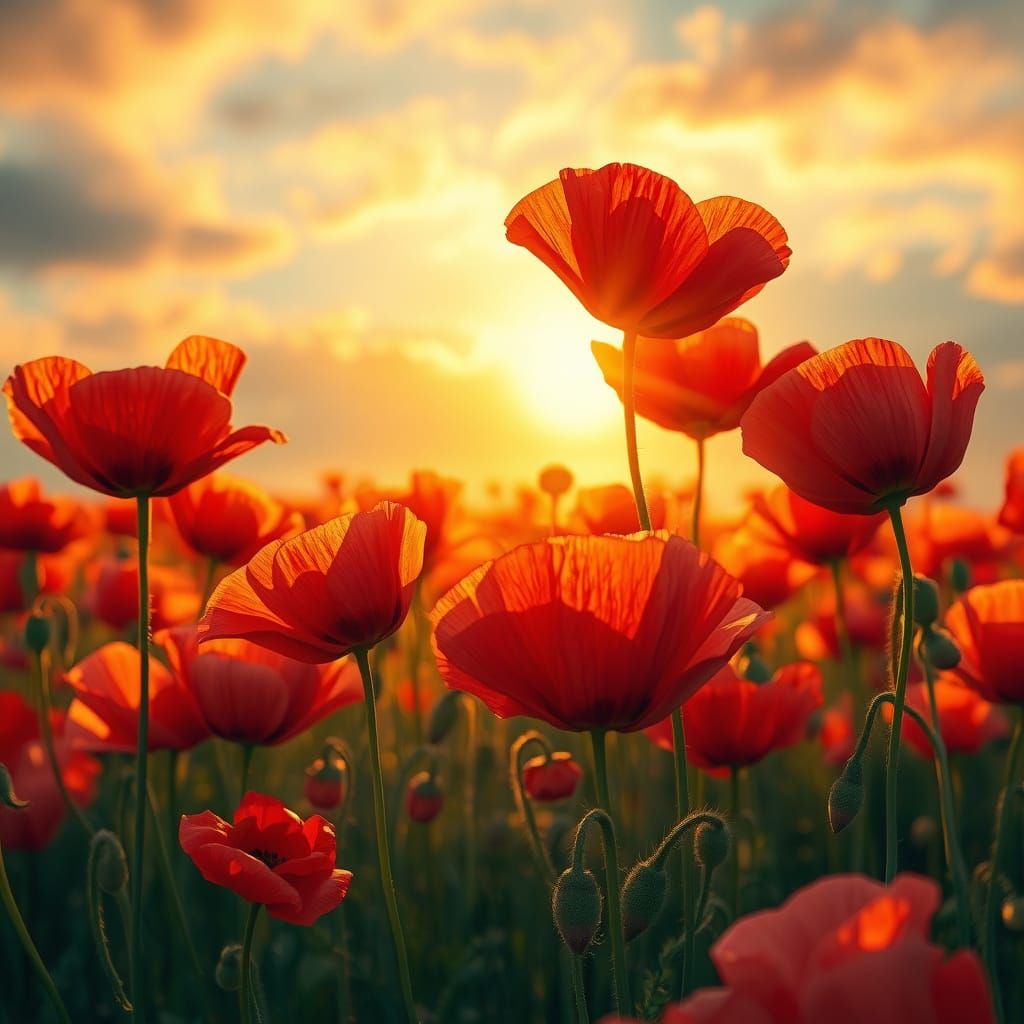 Dreamlike Poppy Field in Vibrant, Golden Light