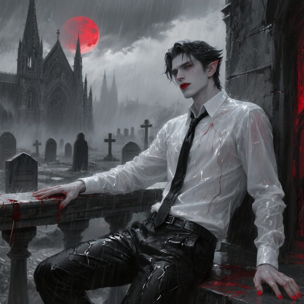 Vampire on Balcony in Gothic Storm, Painterly Style