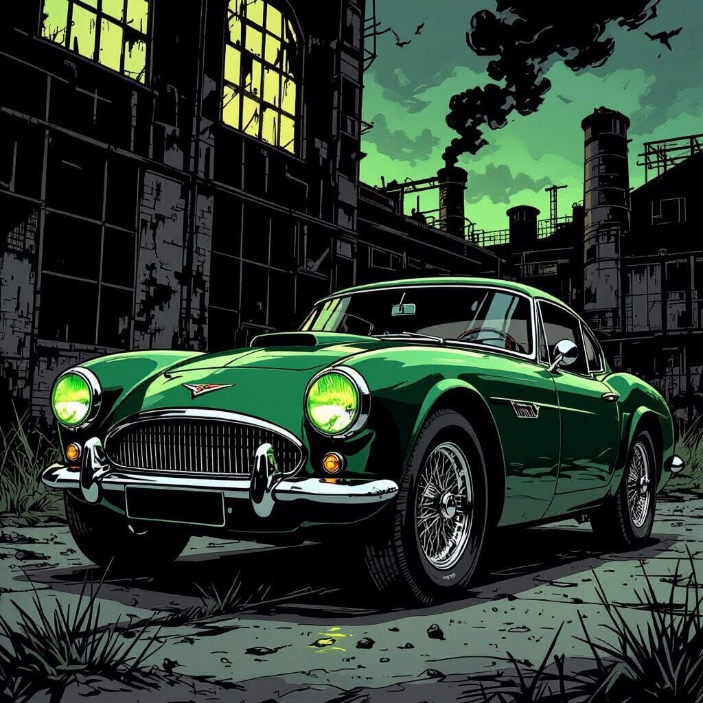 Classic Sports Car with Devilish Grill at Abandoned Factory