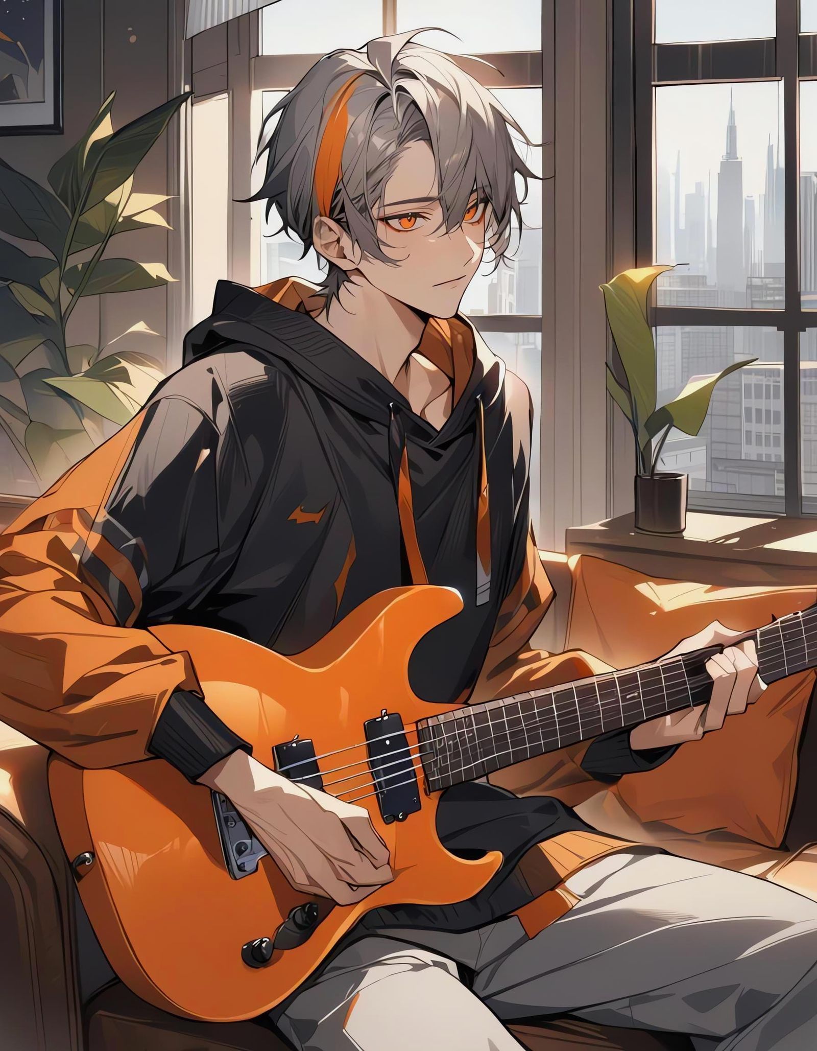 Bishounen with Orange Guitar in City Apartment