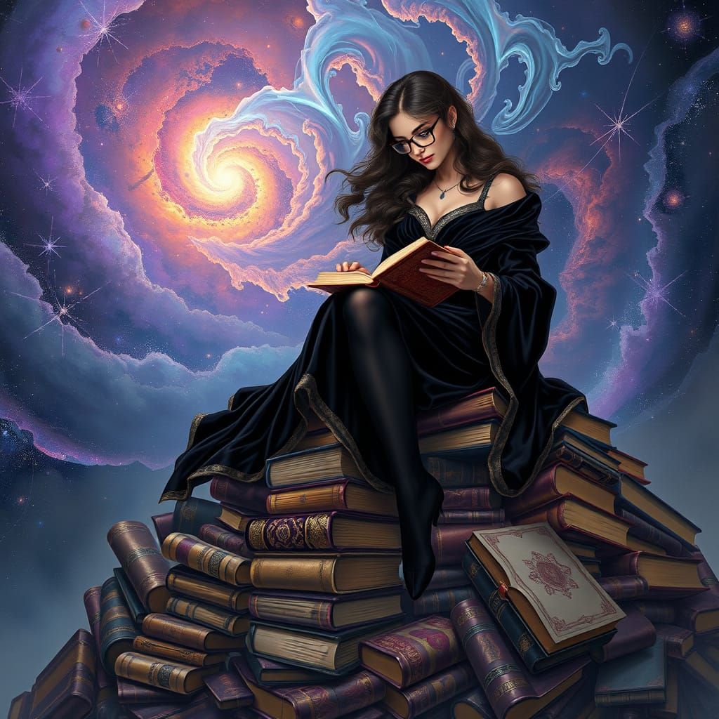 Celestial Librarian Reading Among the Stars
