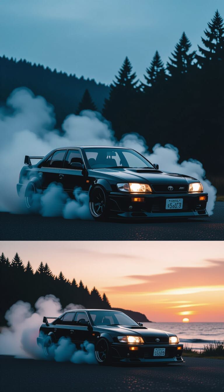 Black Toyota Chaser JZX100 in Smoky Forest Sunset