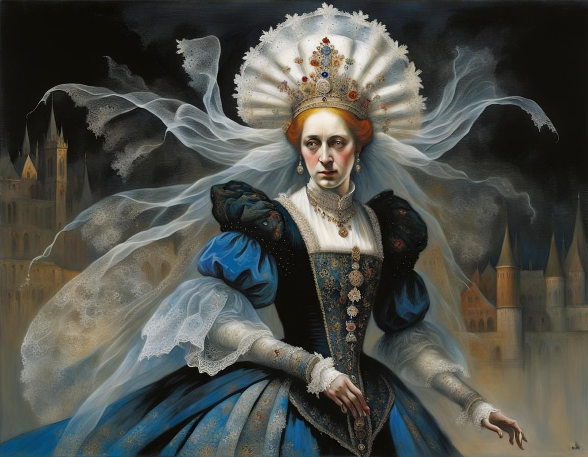 Ornate Medieval Lady in Bruges Lace Headdress