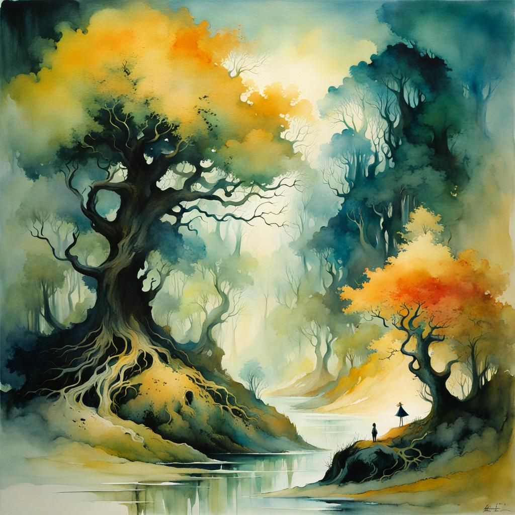 Surreal Eldritch Forest in Watercolor Style