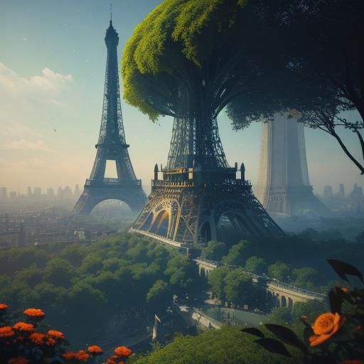 Eiffel Tower as Living Entity in Dreamlike Paris