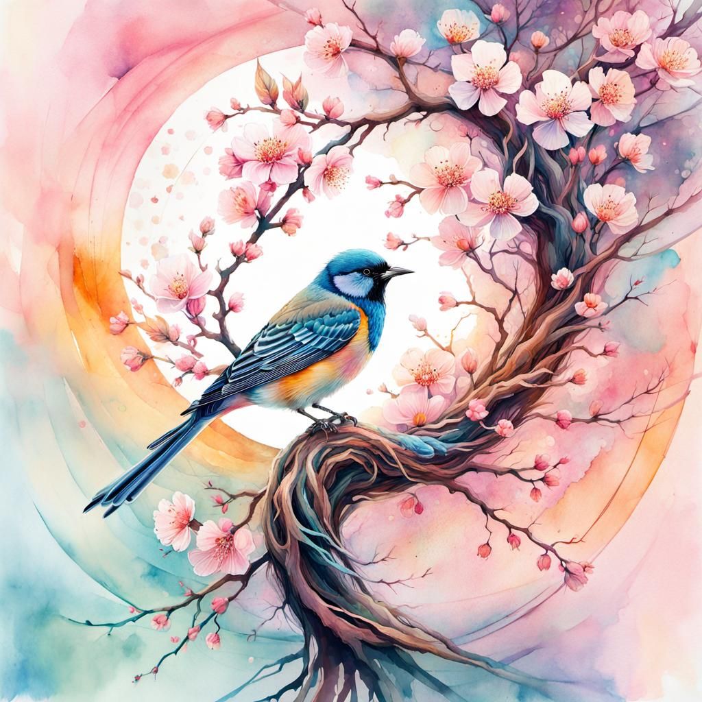 Pastel Watercolor Bird and Tree Double Exposure