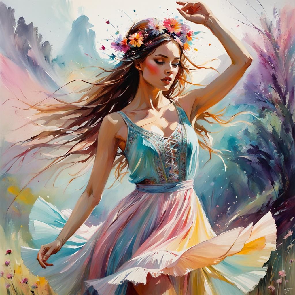 Bohemian Girl in Flower Valley, Pastel Watercolor