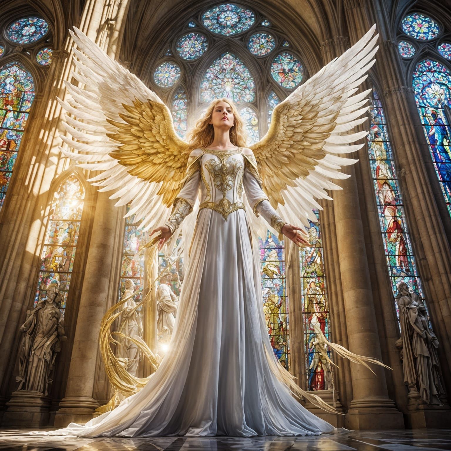 Majestic Angel in Cathedral with Stained Glass