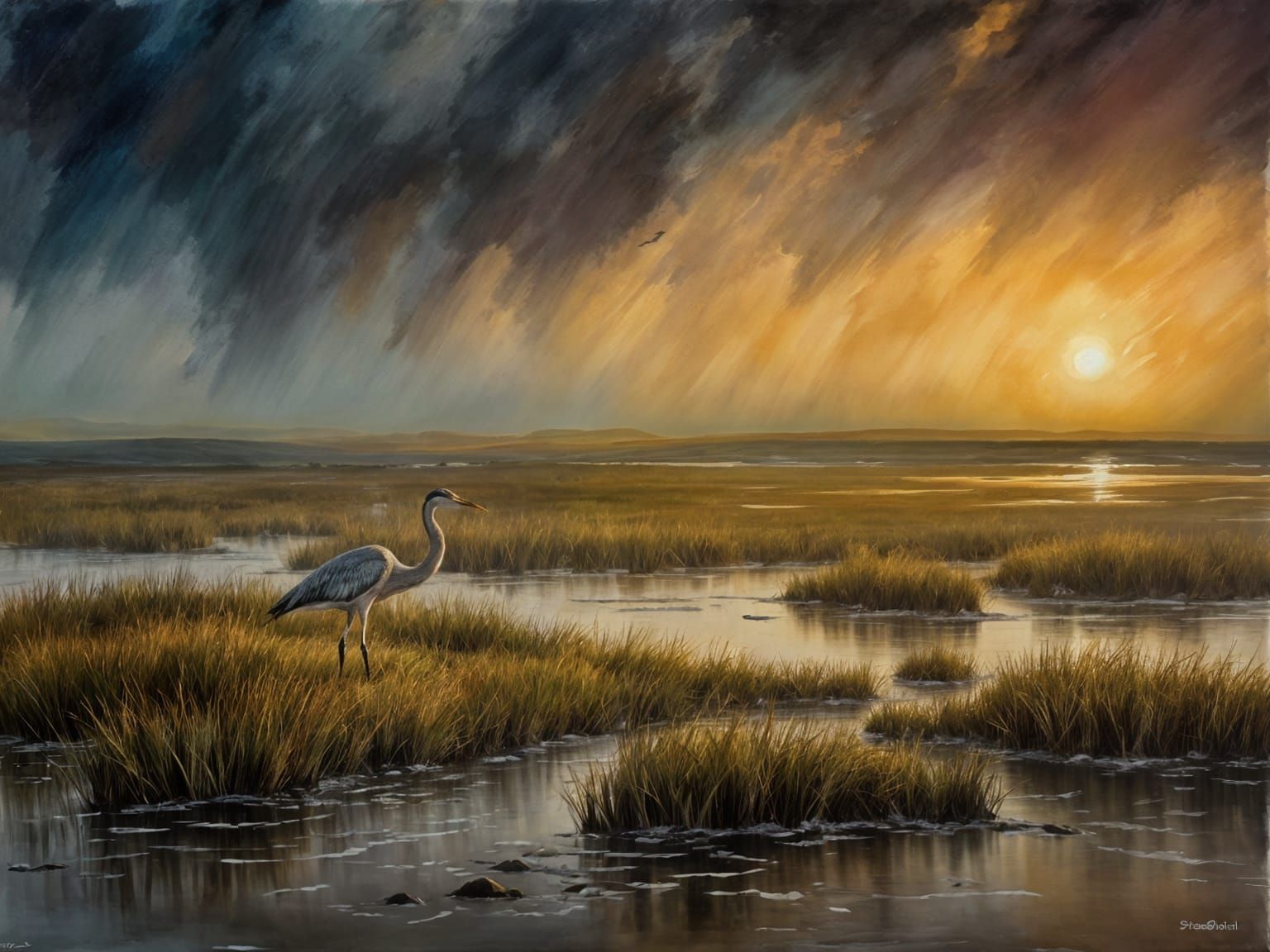 Stormy Sunset Over Salt Marsh with Heron