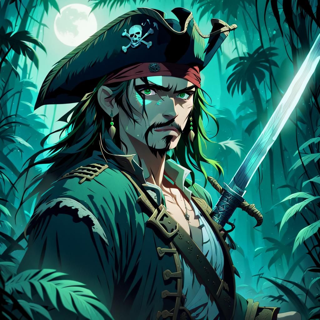 Anime Pirate in Misty Jungle Night