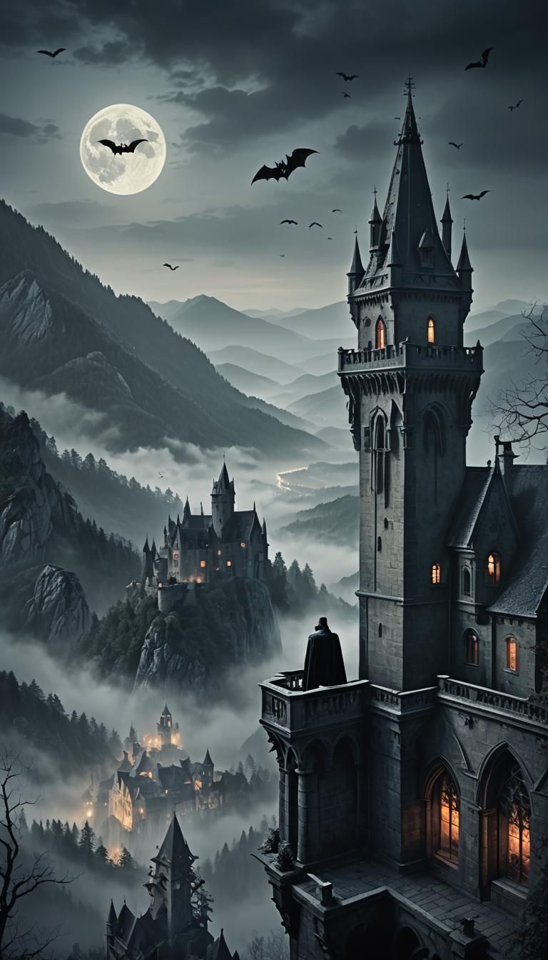 Dracula's Gothic Castle Overlooking Misty Forest