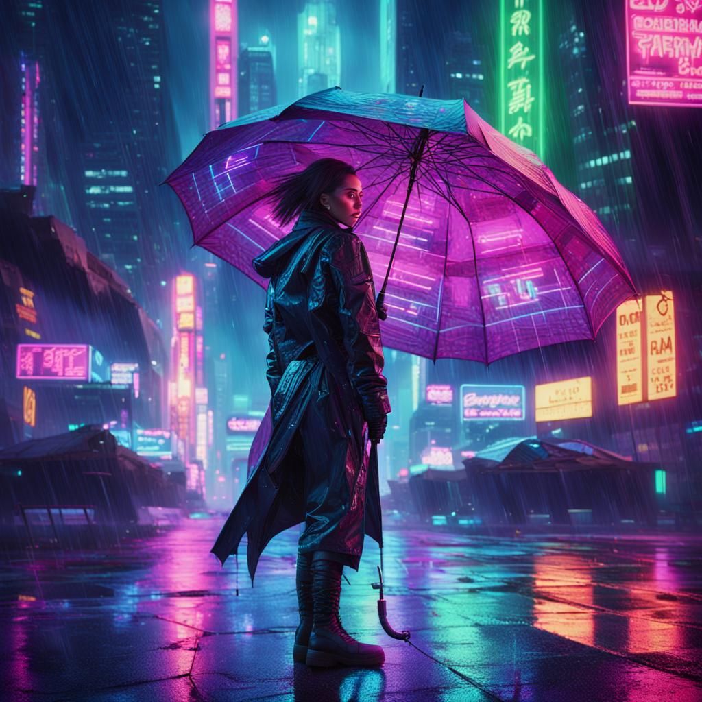 Cyberpunk City Warrior Holds Glowing Umbrella Amidst Neon Re...