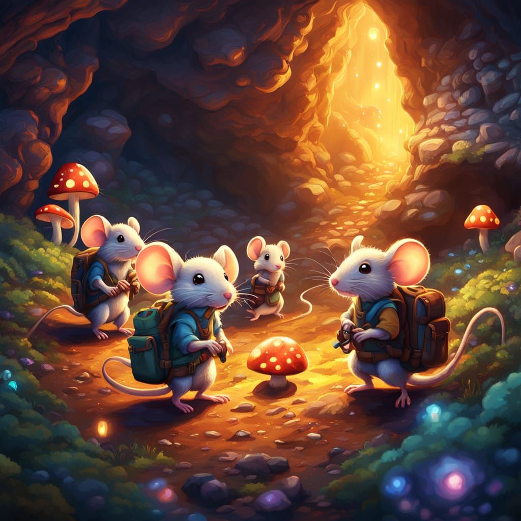 Mice Exploring Cave: Fantasy Oil Painting