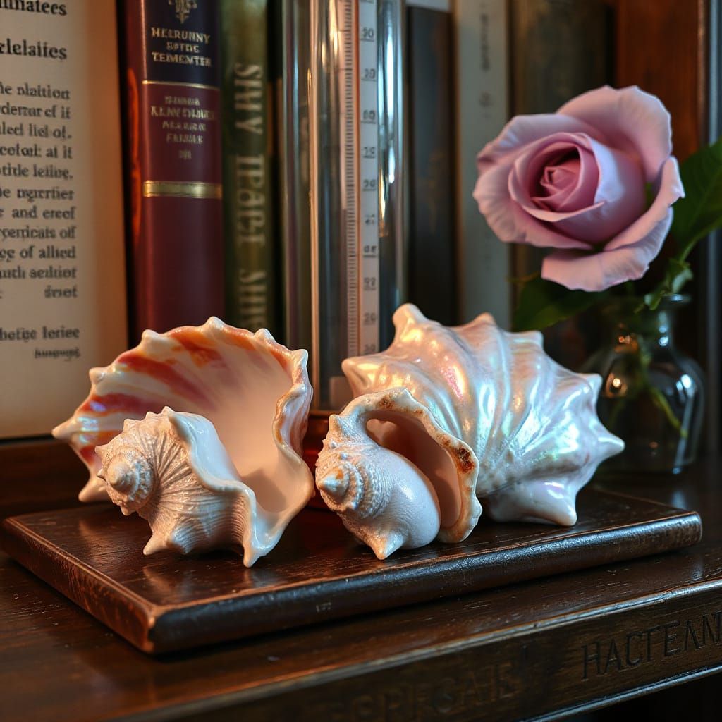 Iridescent Seashells on a Scientist's Bookshelf
