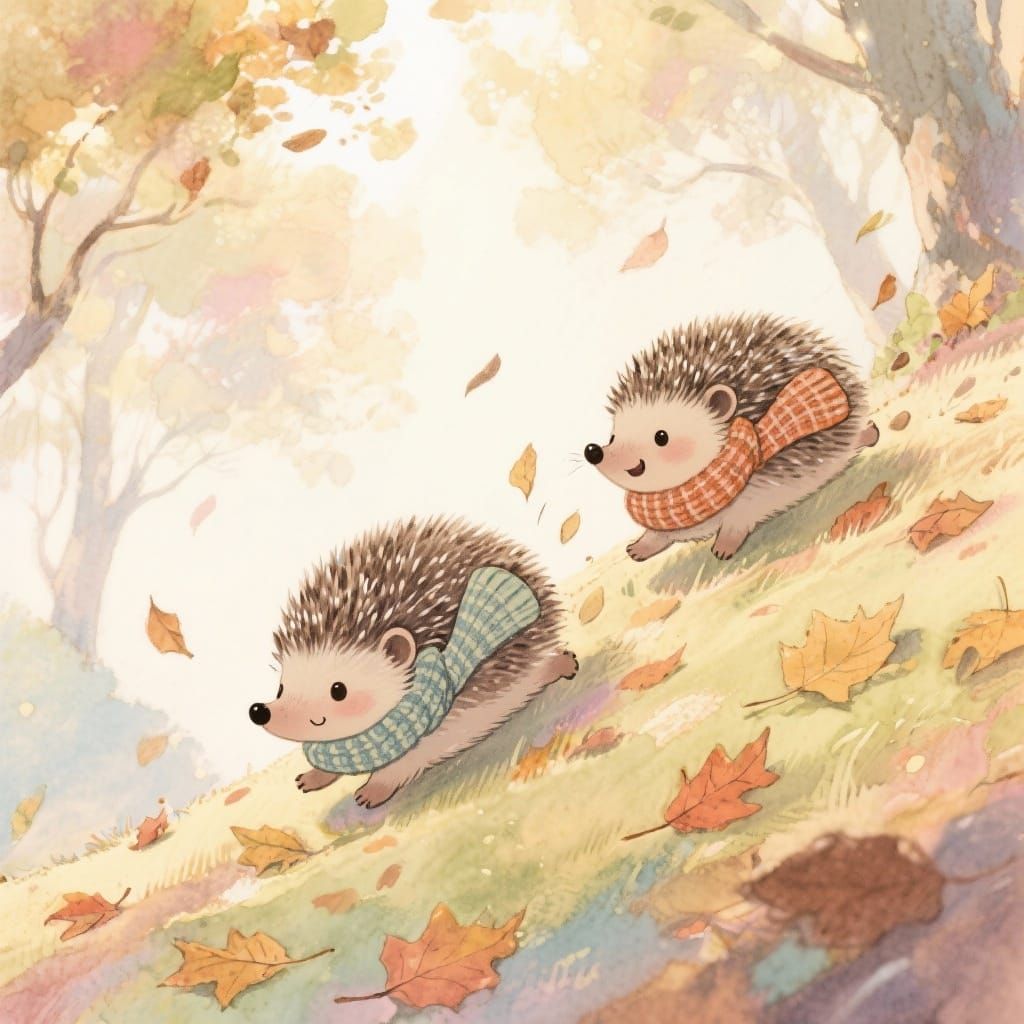 Adorable Hedgehogs in Scarves Race Down Autumn Slope