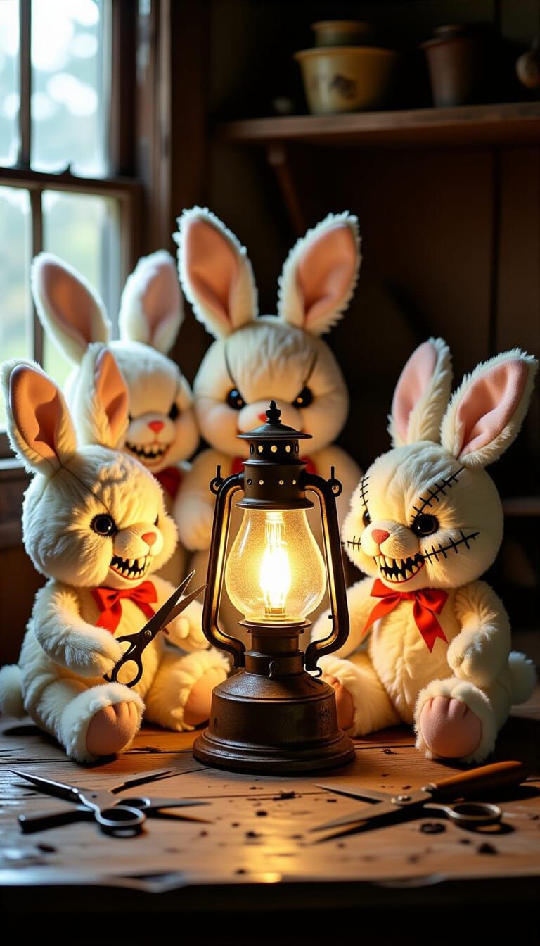 Menacing Plush Bunnies Around Oil Lamp