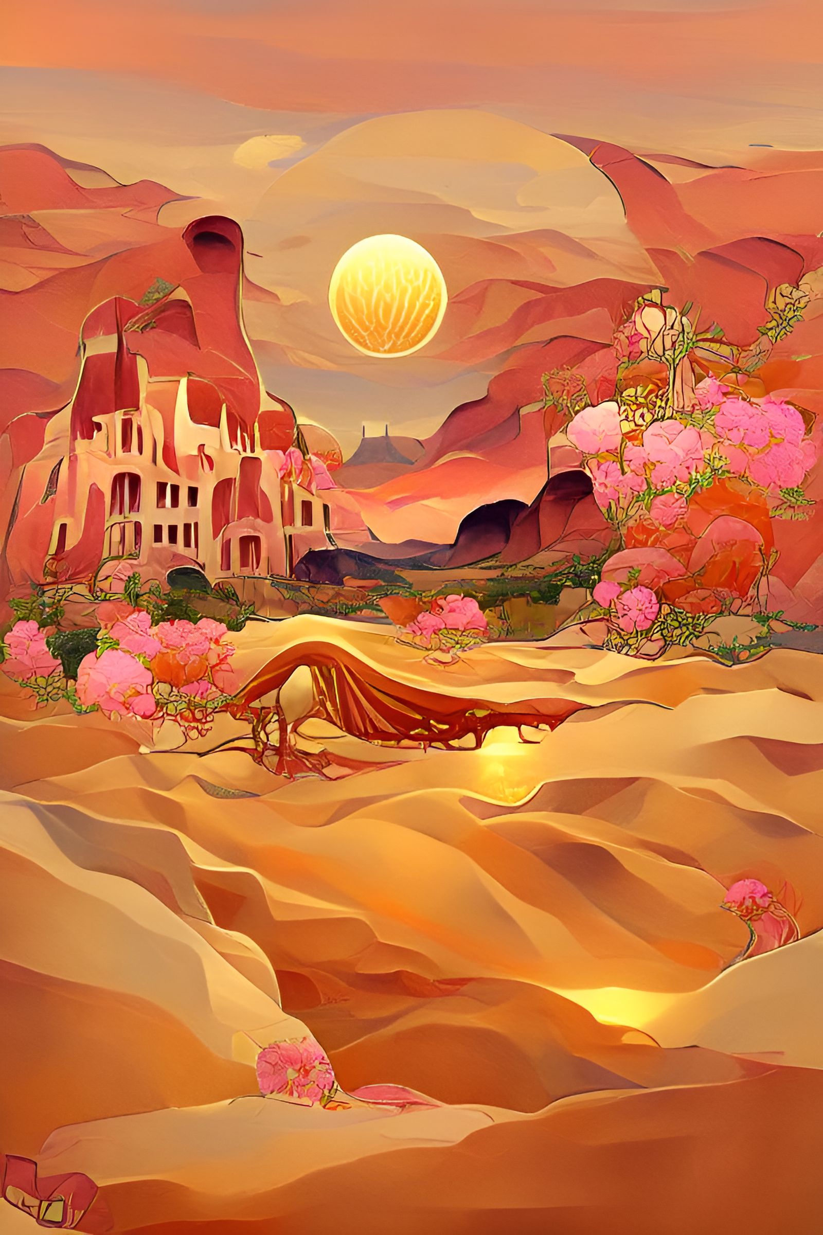 Radiant Desert Landscape in Art Nouveau Style
