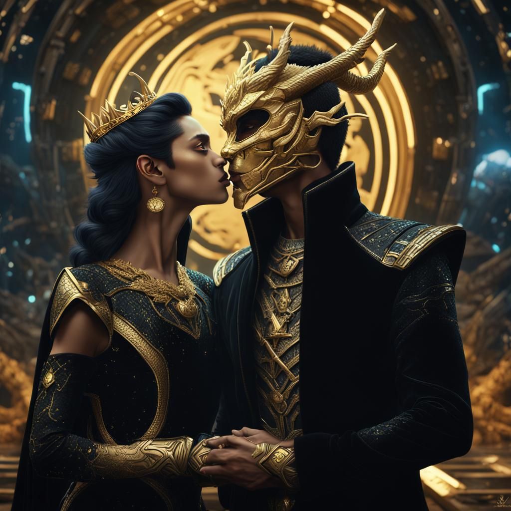 Prince and Princess Kiss in Space Base Fantasy Art