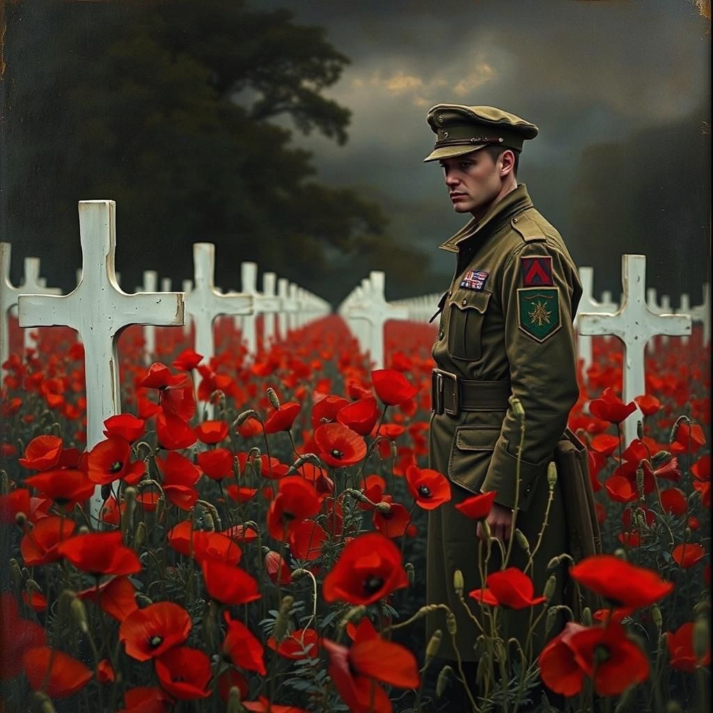 Poignant Remembrance: Soldier in Poppy Field at Dawn