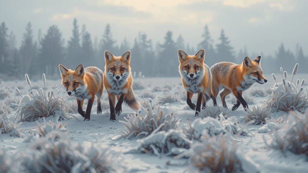 Two pairs of foxes run through a frosty meadow full of dead ...