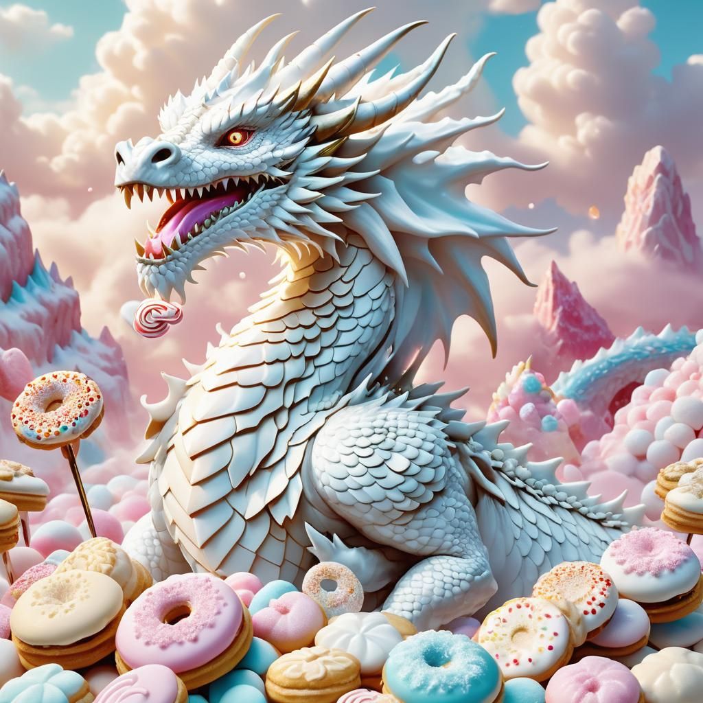Majestic White Dragon in Whimsical Candy Land