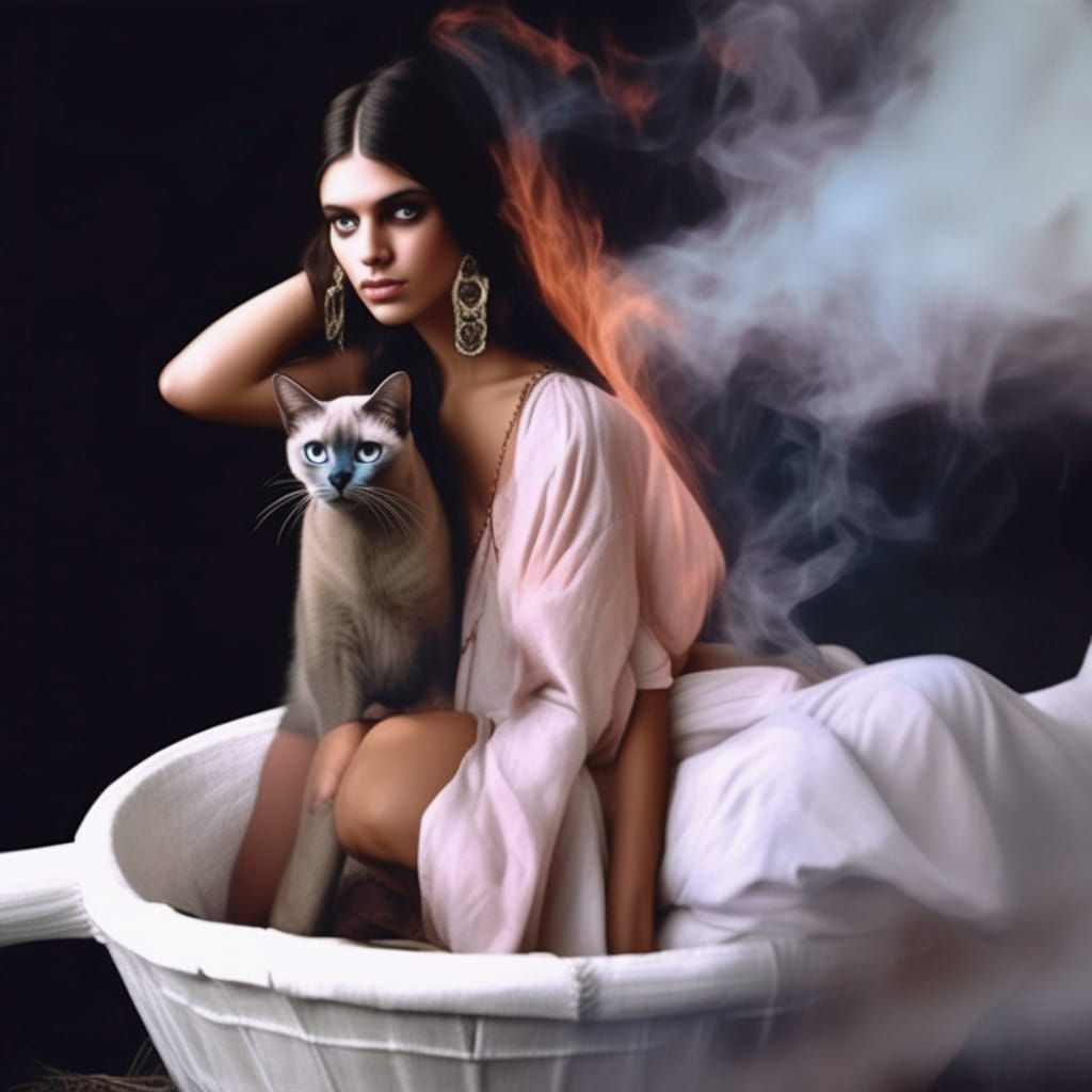 photorealism, Close-up colour portrait, young beatifull gypsy scary exotic with with with a siamese cat on her shoulder ...