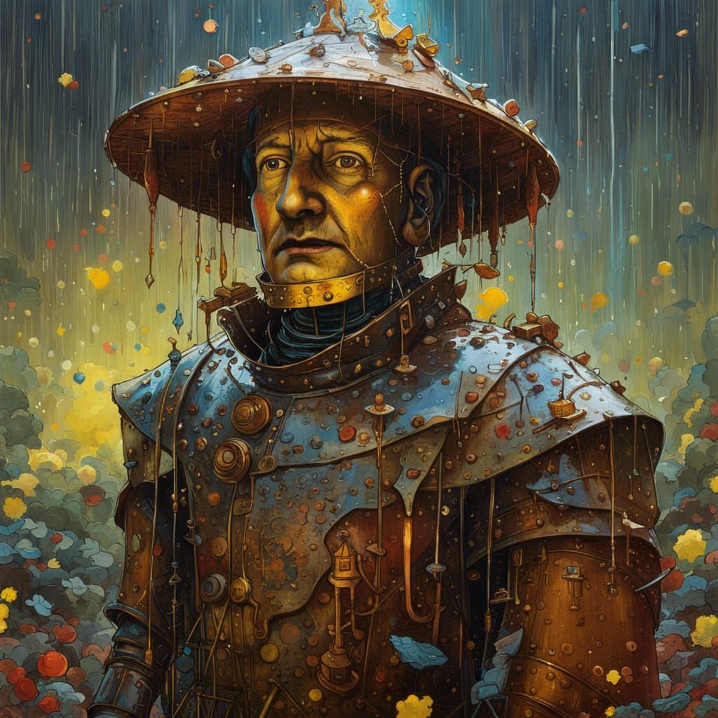 Tin Man in Rain: Detailed Gouache Illustration