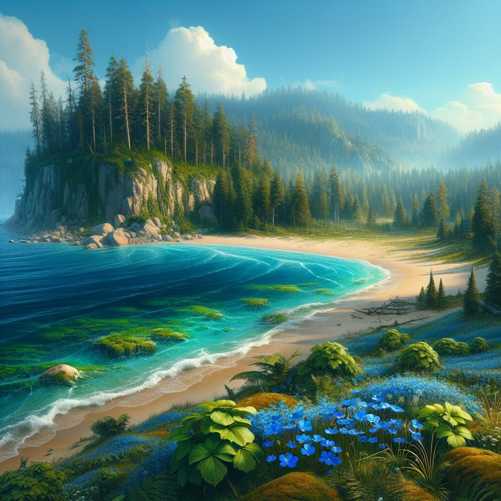 Surreal Coastal Oasis with Mossy Forest and Blooming Wildflo...