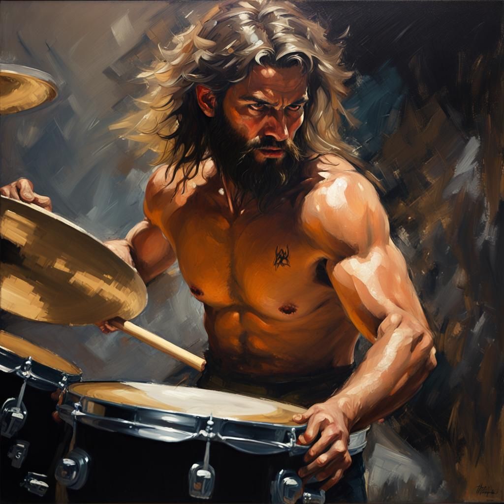 Passionate Drummer: Oil Painting in Modern Realism Style
