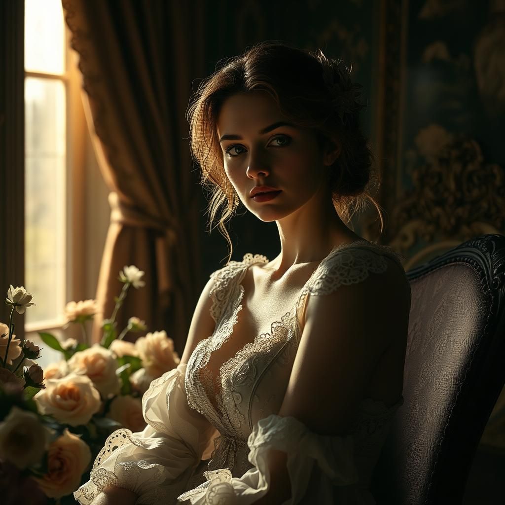 Introspective Woman in Ornate Room, Photorealistic Detail